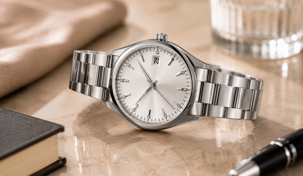 A metal band watch